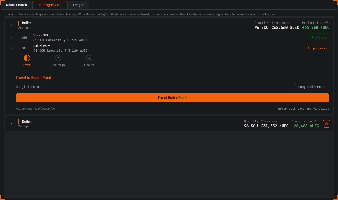 ALICE's In Progress tab: a Railen hauling 96 SCU of Laranite, bought at Orison TDD and travelling to Baijini Point to sell, +36,960 aUEC projected; a second run collapsed below.